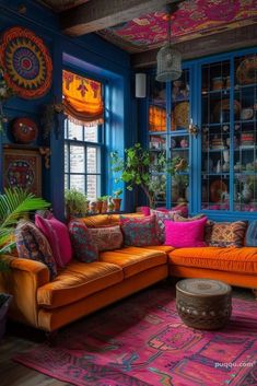 a living room filled with lots of colorful furniture