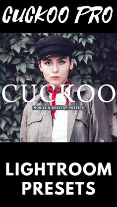 a woman wearing a hat and scarf standing in front of a bush with the words cuckoo on it