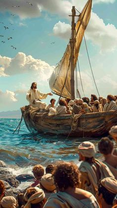 a painting of jesus on a boat in the ocean with many people around it and birds flying overhead