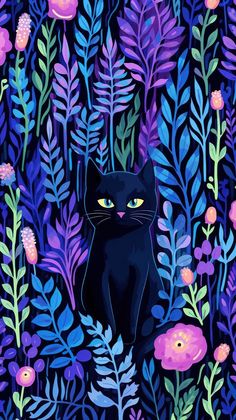 a black cat sitting in the middle of purple and green plants with flowers on it