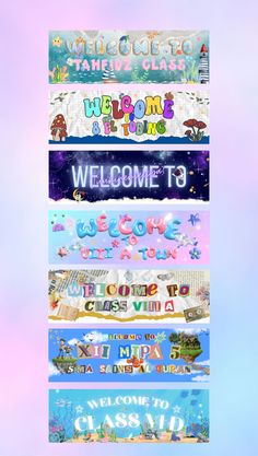 four banners with the words welcome to class on them