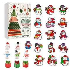 christmas themed magnets are displayed in front of a box