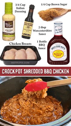 crock pot shredded bbq chicken recipe with ingredients to make it in the slow cooker