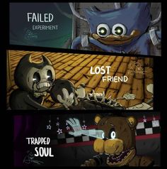 two cartoon images with captions that say lost friend, trapped soul and failed experiment