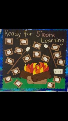 a sign that says ready for smore learning with marshmallows around the campfire