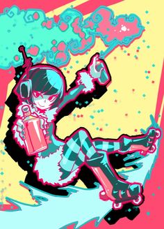 a person riding a snowboard on top of a pink and blue background with bubbles