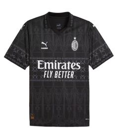 a black shirt with the words emiratess fly better on it and an ornate pattern