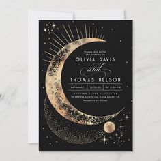 Celestial Mystical Moon Starry Night Boho Wedding Invitation Acotar Wedding, Starry Night Moon, Moon Baby Shower Invitation, Blue Baby Shower Invitations, Mystical Moon, Moon Baby Shower, Celestial Wedding, Twinkling Stars, Night Moon