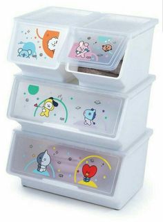 three plastic storage containers with cartoon images on them