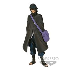 a figurine is holding a purple bag and standing in front of a white background