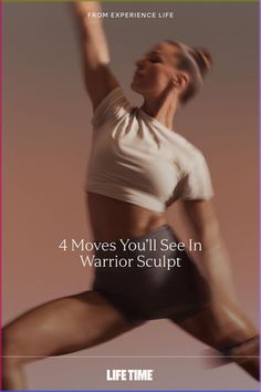 a woman in white shirt and black shorts doing a yoga pose with the words 4 moves you'll see in warrior - sculpt