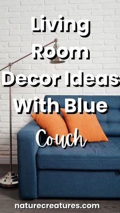 a blue couch sitting in front of a white brick wall with the words living room decor ideas with blue couch