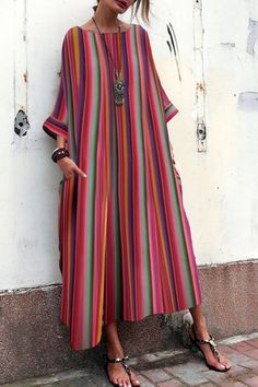 Bohemian Striped Bell Sleeve Maxi Dresses Tunik Linen, Bell Sleeve Pattern, Sukienki Maksi, Pocket Maxi Dress, Afrikaanse Mode, Boho Dresses Long, Casual Stripes