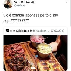 a wooden table topped with different types of food on top of it's sides