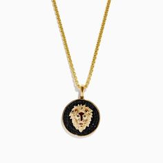 Effy Men's 14K Yellow Gold Black Diamond Lion Pendant Black 14k Gold Engraved Jewelry, Engraved 14k Black Gold Jewelry, Engraved Black 14k Gold Jewelry, Black 14k Gold Jewelry With 17 Jewels, Luxury Black 14k Gold Jewelry With 17 Jewels, 14k Gold Black Jewelry With 17 Jewels, Black 14k Gold Tarnish Resistant Necklace, Black 14k Gold Tarnish-resistant Necklace, 14k Gold Black Tarnish-resistant Necklace