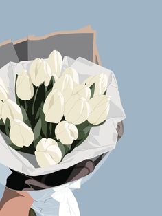 a bouquet of white tulips in a paper wrapper on a blue background