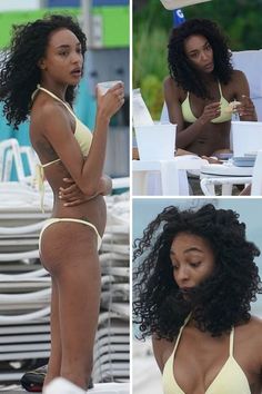 four pictures of women in bikinis at an outdoor event, one with her hand on her hip and the other without