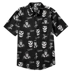 This scary-cool Hawaiian shirt shows off the Misfits’ famous punk rock skull mascot all over! His spooky face and skeleton body cover the black and white shirt, making a monster pattern. The skull’s grinning mouth and empty eyes fit the band’s music about monsters and sci-fi. Wearing this punk rock skull design on a tropical... Misfits Shirt, Misfits Skull, Horror Punk, The Misfits, Cool Hawaiian Shirts, Tropical Shirts, Black And White Shirt, Short Sleeve Button Up, Button Up Shirt