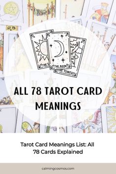 tarot cards with the text all 78 tarot card meaningss