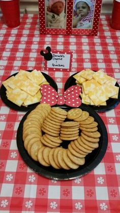 a mickey mouse party with crackers and cheese