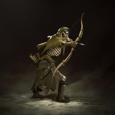 a skeleton dressed up as a warrior with a bow and arrow in his hand, standing on the ground