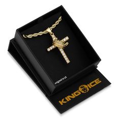 Pay tribute to the King of Kings with your own Kingdom Cross from King Ice. The crown is 3-dimensional and the stones are in AAA quality. King Of Kings, Clear Stone, Rope Chain, Gold Plated Jewelry, The King, Custom Jewelry, Sale Items, Cross Necklace, Solid Gold