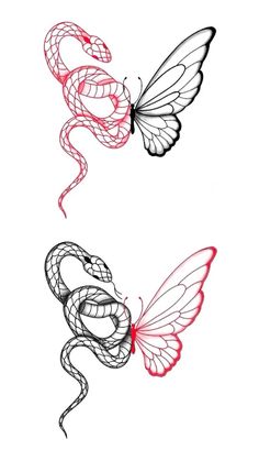 two different types of snake and butterfly tattoos on white paper, one is red and the other is black