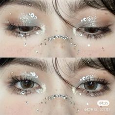 Glitter Douyin Makeup, Blush Draping, Eye Makeup Glitter, Futuristic Makeup, Trending Makeup, Gradient Lips, Cream Cushion, Concert Makeup, Rhinestone Makeup