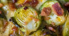 a casserole dish with brussel sprouts, bacon and cheese