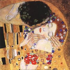 a painting of a woman hugging another woman's face with buttons all over her body