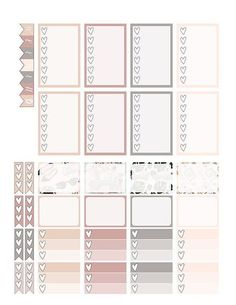 the printable planner stickers are shown in pink and grey tones, with hearts on them