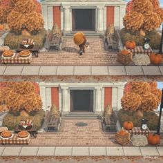 two pictures of the same house with pumpkins