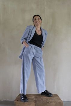 80s Jacquard Jacket Vintage Inspired Jacquard Jacket Baby Blue | Etsy Blue Suit Casual, Light Blue Cotton Pants For Work, Blue Linen Suit Women, Chic Cotton Pantsuit For Spring, Light Blue Cotton Work Pants, Spring Cotton Pantsuit, Chic Baggy Blue Pants, Tailored Light Blue Semi-formal Sets, Light Blue Cotton Workwear Pants