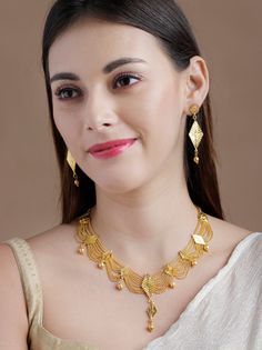 Gold-Plated Handcrafted Jewelry Set - VitansEthnics Turkish Gold Jewelry, Indian Gold Necklace Designs, Jewelry Set Gold, Necklace Set Gold, Bridal Necklace Designs, New Gold Jewellery Designs, Fancy Jewelry Necklace, Gold Jewellry, Gold Necklace Indian