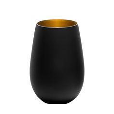 a black and gold colored vase on a white background