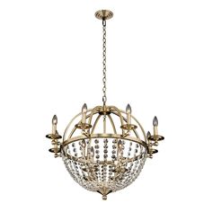 a chandelier hanging from the ceiling with crystal drops on it and gold accents