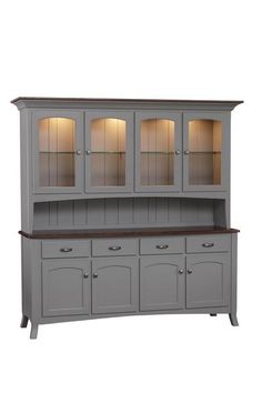 a gray china cabinet with glass doors and drawers on the top, in front of a white background