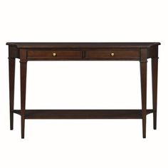 a wooden console table with two drawers on one side and an open shelf at the top