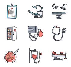 various medical devices are shown on a white background, including an iv and stethoscope