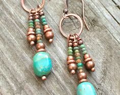 Turquoise earrings, boho copper jewelry, turquoise dangle earrings, beaded jewelry Turquoise Patina Dangle Earrings, Turquoise Dangle Earrings With Patina, Turquoise Artisan Electroformed Earrings, Earthy Turquoise Dangle Jewelry, Artisan Turquoise Earrings In Copper, Artisan Turquoise Copper Earrings, Turquoise Copper Dangle Jewelry, Rustic Copper Drop Earrings, Rustic Turquoise Nickel Free Earrings