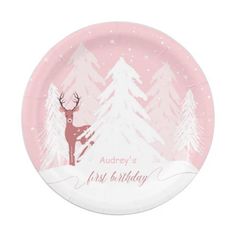 a pink and white paper plate with a deer on it