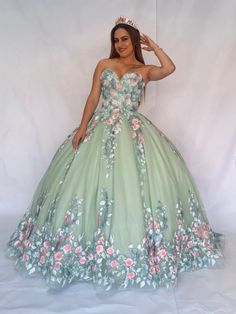 Junior Girls Sage Flower Sleeveless Quinceanera Party Dress XS-3XL front SophiasStyle.com Princess Dress With Fitted Bodice For Quinceanera Prom Season, Princess Dress With Sweetheart Neckline, Princess Dress With Sweetheart Neckline For Prom Season, Green Princess Style Dress For Debutante Ball, Princess Style Green Ball Gown With Fitted Bodice, Spring Ball Gown For Quinceanera, Green Ball Gown For Prom Season Quinceanera, Green Ball Gown Quinceanera Dress For Prom Season, Green Ball Gown For Prom Season