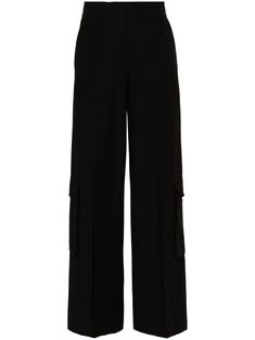 black cotton tailored design pressed crease wide leg high-waisted concealed front fastening two side cargo pockets two side slit pockets floor-length City Dress, Tailored Design, Summer Beach Wear, Cargo Trousers, Ski Wear, Jacket Tops, Bottoms Pants, Hugo Boss, Denim Dress