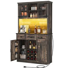 an open cabinet with bottles and spices on it