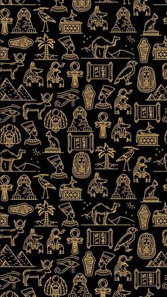 a black and gold background with different types of things on it's side, including buildings