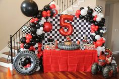 Race Car Themed Balloon Garland, Fast Car Themed Birthday Party, Car Theme Balloon Garland, Checkered Flag Birthday Party, Checkered Theme Party, Race Car Balloon Garland, Cars Balloon Garland, Monster Truck Balloon Garland, Race Car Theme Cake