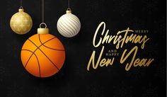 christmas and new year greeting card with basketball ball, baubles and snowflakes