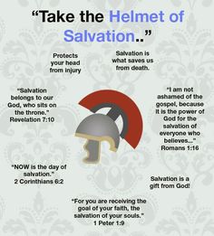 a poster with an image of a helmet and the words, take the helmet of salvation