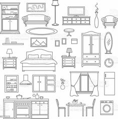 the furniture and bedroom items are drawn in black on a white background royalty illustration stock illustration