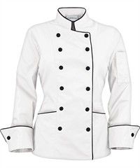 Chaqueta de chef tradicional para mujer - Vivo contrastante - Botones forrados en tela - 65/35 poliéster/algodón Bakery Merch, Piping Fabric, Uniform Hotel, Chef Costume